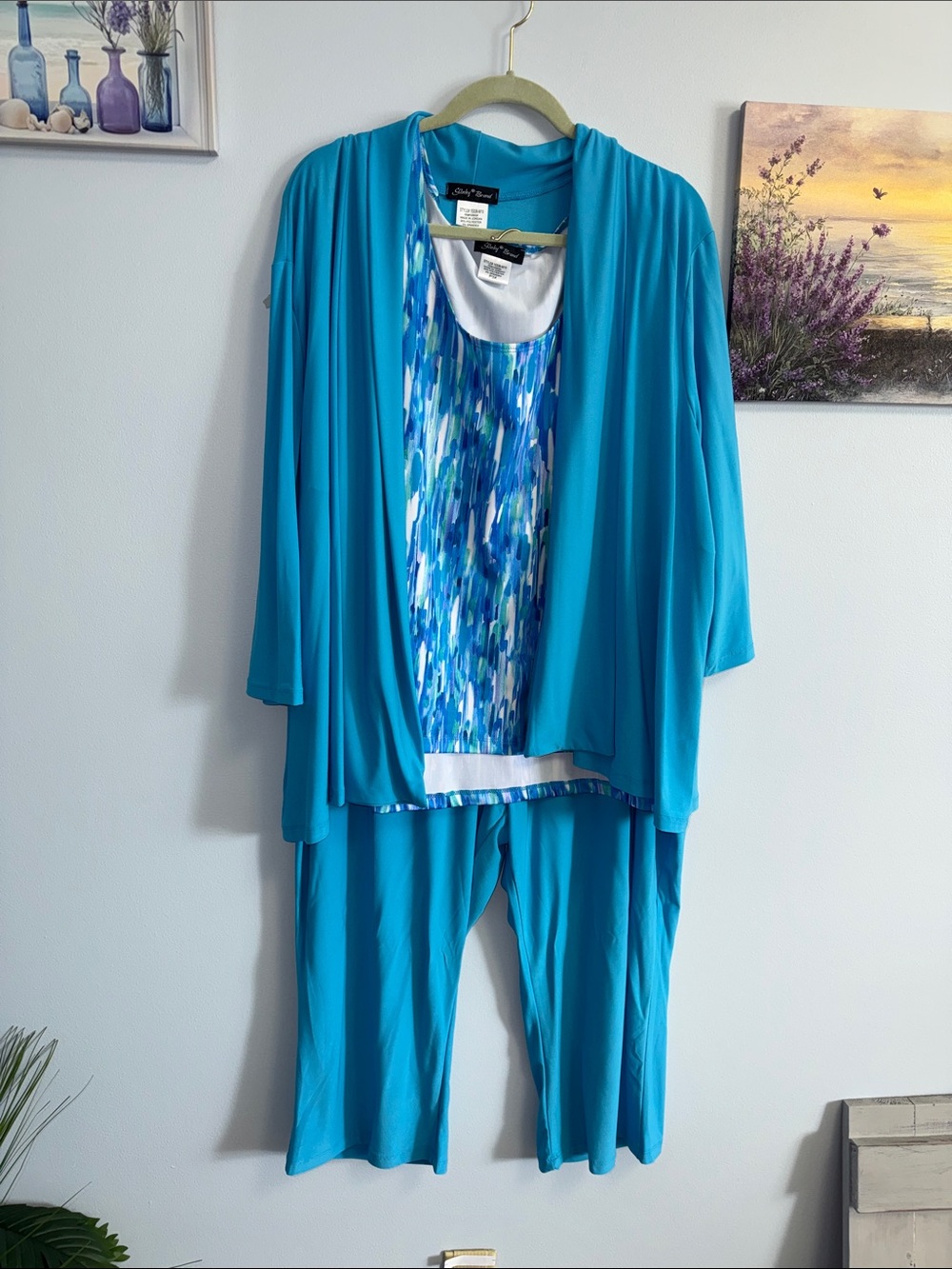 Blue FOUR -Piece Knit Pant Set with Abstract Print Tank -Petite
